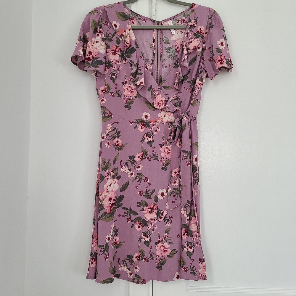 Women's Short Dress Short Sleeve Ruffle Wrap Dress, Dusty Lilac Small